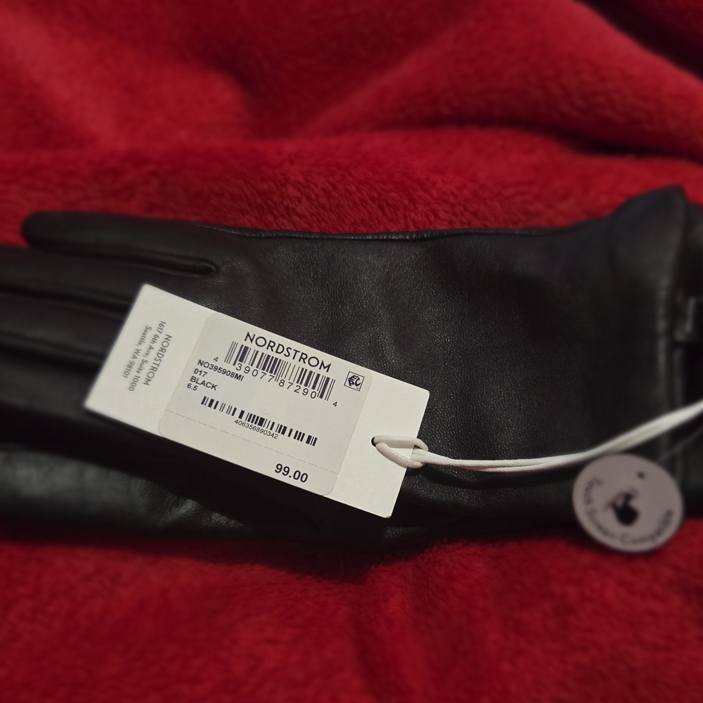 Nordstrom Classic Touchscreen Casmere Lined Black Leather Gloves